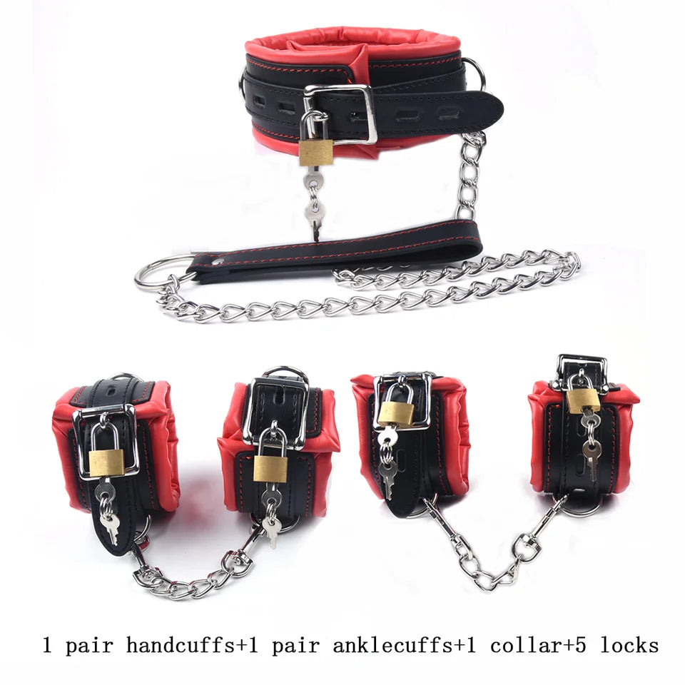 Leather Sponge Handcuffs For Sex Ankle Cuffs Bondage With Chain Lock Restraints Sex Toys for Couple Adult Games Bdsm Bondage Set