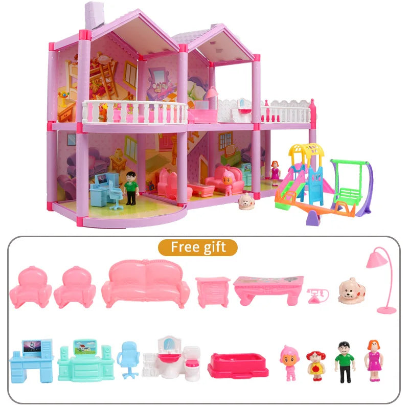 Baby DIY Doll house Toys Pink Assemble Princess Villa Handmade Construction Casa Miniature Furniture Dollhouse For Children Gift