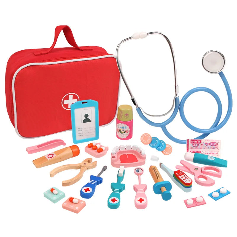 Wooden Pretend Play Doctor Educational Toys For Children Medical Simulation Medicine Chest Set Kids Role Playing Pretend Toys