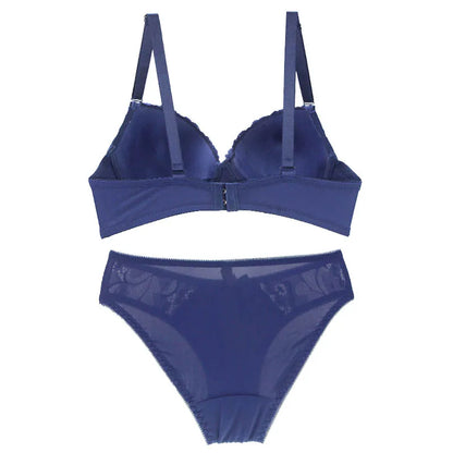 2024 New Sexy Push Up Bra Sets Lace Middle Mold Cup 2 Piece Thongs Underwear Solid Bow BCDE Female Plus Size Lingerie
