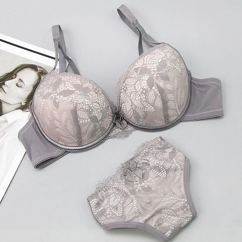 2021 New Push Up Lace Bra Sets Plus Size Lingerie BCDE Cup Adjusted Strap Bow Underwire Grey Red Blue Black White Underwear