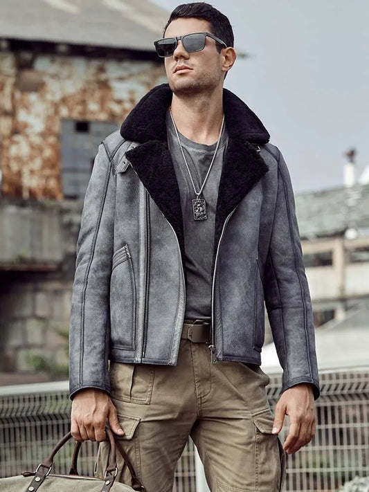 Denny&Dora Men's Grey Shearling Jacket B3 Flight Style Short Leather Motorcycle Coat with Fur Lining