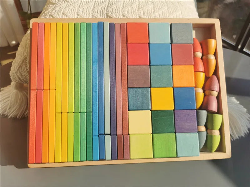 Large Rainbow Wood Building Slats Construct Cubes Blocks Pastel Stacking Timber Toys for Kids Early Learning