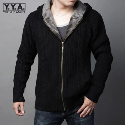New Arrival Mens Cardigans Sweaters Casual Hooded Zipper Mens Sweaters Winter Warm Thicken Fur Lining Hombre Knitwear