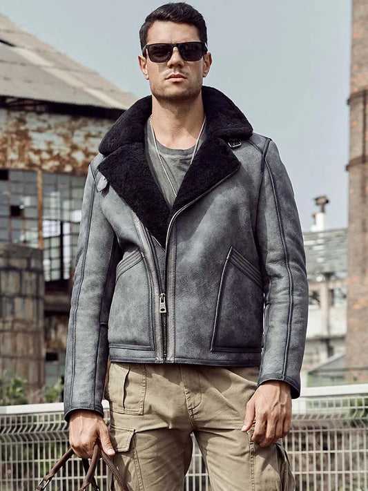 Denny&Dora Men's Grey Shearling Jacket B3 Flight Style Short Leather Motorcycle Coat with Fur Lining
