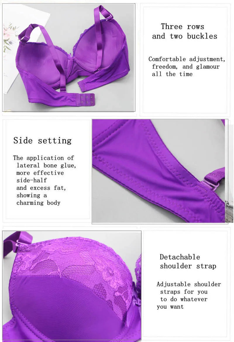 2024 New Sexy Push Up Bra Sets Lace Middle Mold Cup 2 Piece Thongs Underwear Solid Bow BCDE Female Plus Size Lingerie