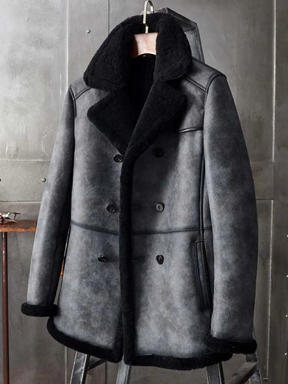 Denny&Dora Men's B3 Shearling Jacket Long Winter Leather Coat Gray Warm Casual Outerwear for Men