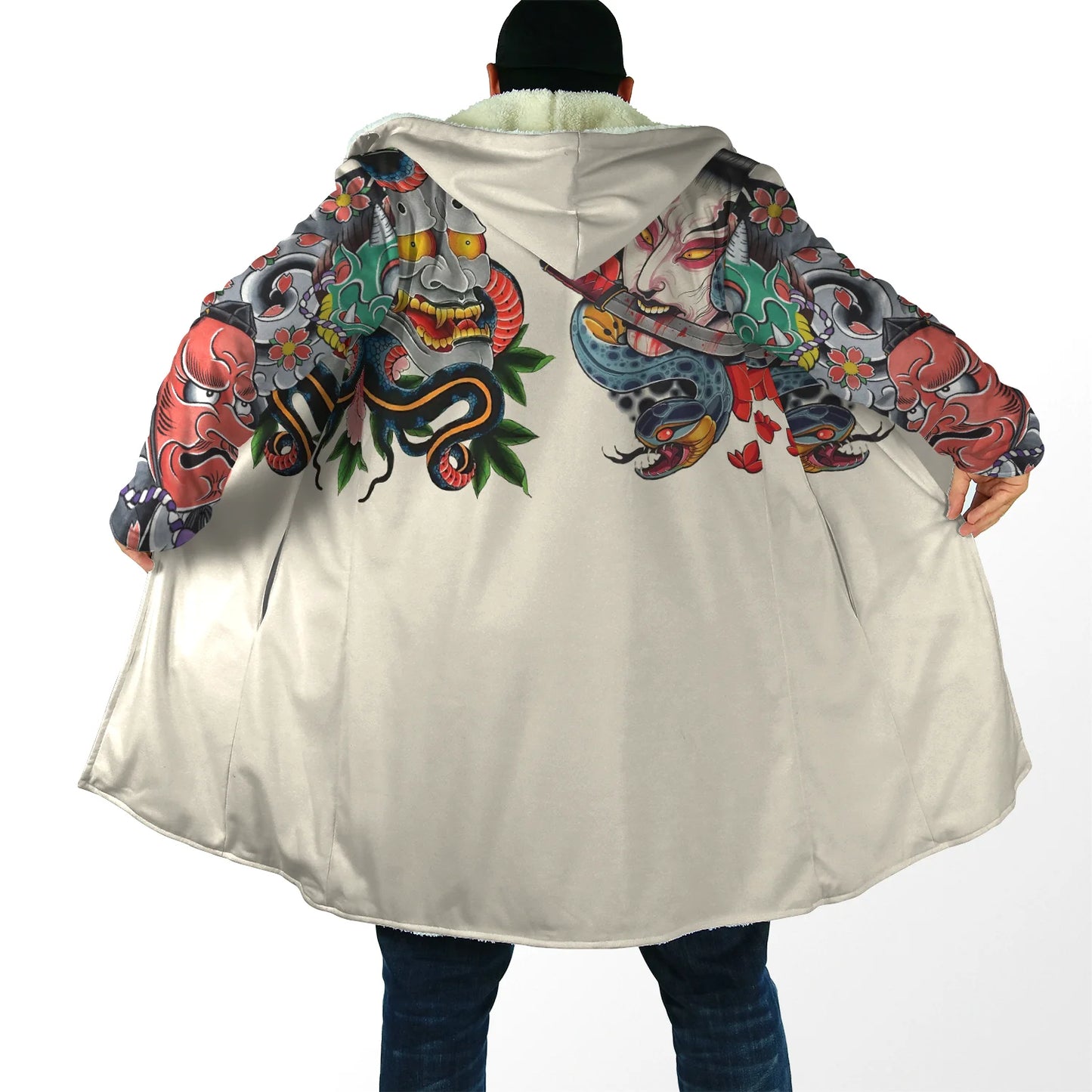 Drop shipping Winter Mens Cloak Samurai Oni Mask Tattoo 3D Printing Fleece Hooded cloak Unisex Casual Thick Warm Cape coat PF31