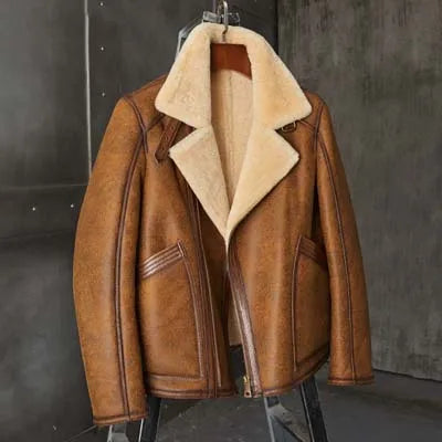 Denny&Dora Men's Grey Shearling Jacket B3 Flight Style Short Leather Motorcycle Coat with Fur Lining
