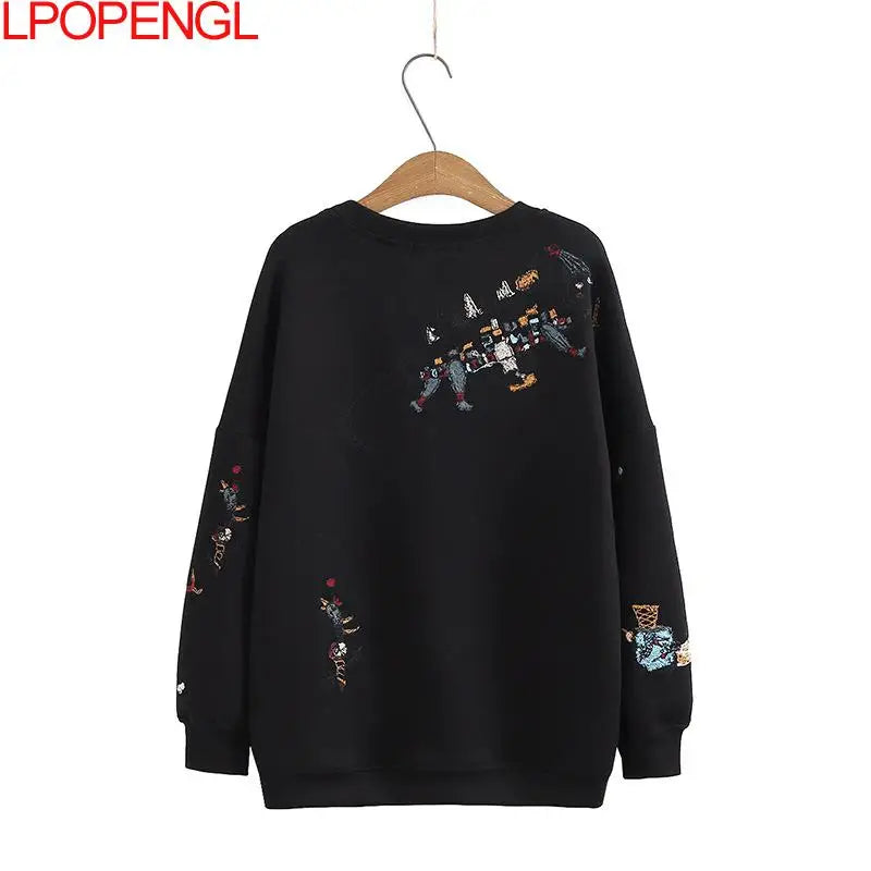 Harajuku Sweatshirt Women 2026 Autumn Winter New Fashion Casual Stitch-embroidered Long-sleeved O- Neck Breathable Hoodie Top