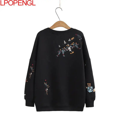 Harajuku Sweatshirt Women 2026 Autumn Winter New Fashion Casual Stitch-embroidered Long-sleeved O- Neck Breathable Hoodie Top