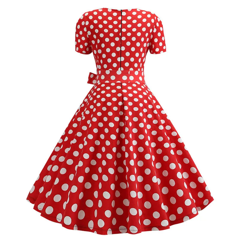 Women's Polka Dot Summer Midi Dress Square Collar Short Sleeve Elegant Vintage Casual Party Holiday Wear