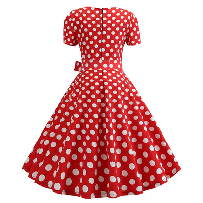 Women's Polka Dot Summer Midi Dress Square Collar Short Sleeve Elegant Vintage Casual Party Holiday Wear