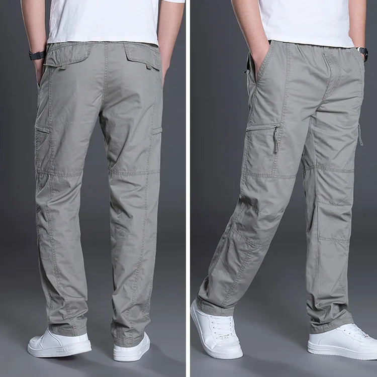 Zipper Cargo Pants Men Pocket OutDoor Full Length Pants Male Summer Straight Trousers Homme Loose Cotton Casual Pants Grey