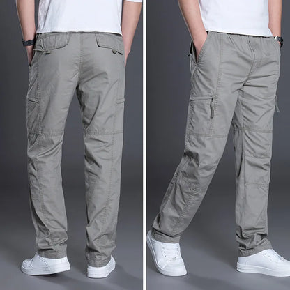 Zipper Cargo Pants Men Pocket OutDoor Full Length Pants Male Summer Straight Trousers Homme Loose Cotton Casual Pants Grey
