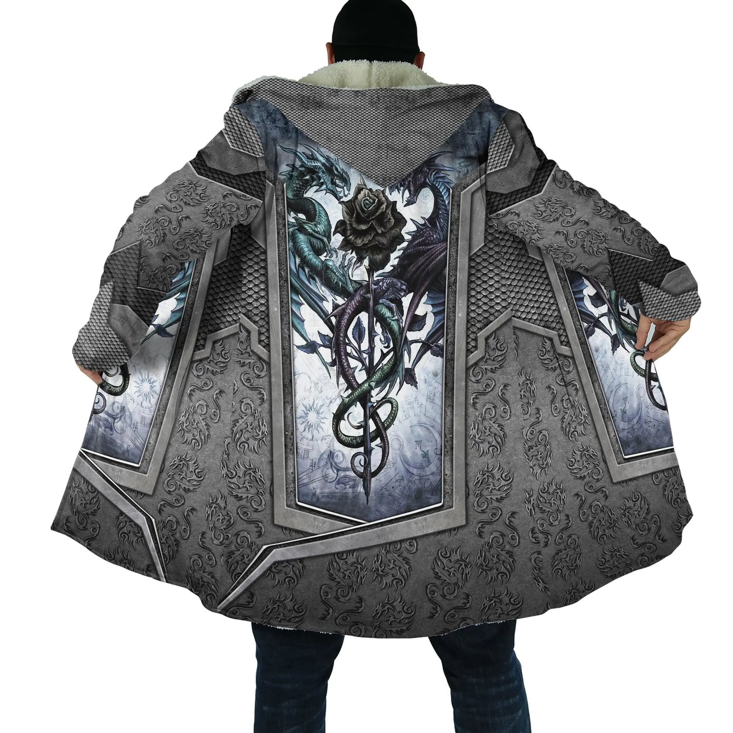 2021 Winter Mens Cloak skull and Dragon Armor Tattoo 3D Print Fleece Hooded cloak Unisex Casual Thick Warm cloak coat PF30