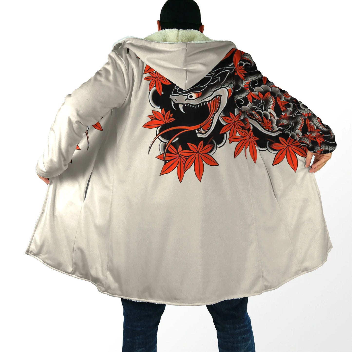 Drop shipping Winter Mens Cloak Samurai Oni Mask Tattoo 3D Printing Fleece Hooded cloak Unisex Casual Thick Warm Cape coat PF31