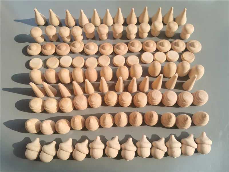 Kids Wooden Montessori Toys Rainbow Loose Parts Wood Mushrooms Honeycomb Droplets Bamboo Shoots Acorns Tree Cones