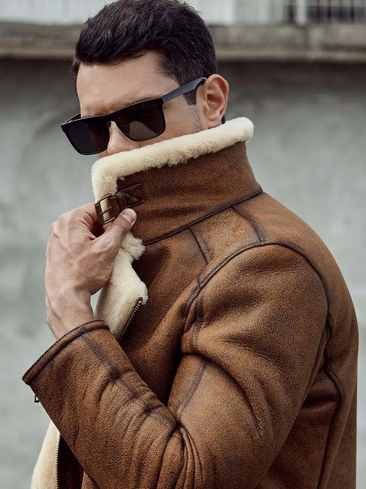 Denny&Dora Men's Brown Leather B3 Shearling Flight Jacket Short Fur Motorcycle Parkas Fashion Overcoat
