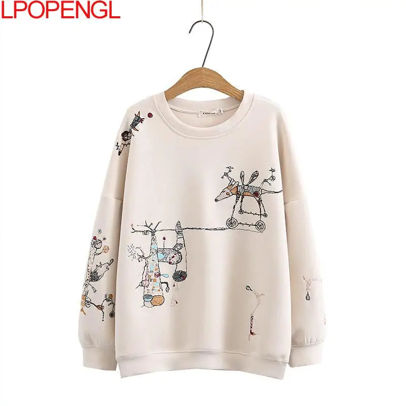Harajuku Sweatshirt Women 2026 Autumn Winter New Fashion Casual Stitch-embroidered Long-sleeved O- Neck Breathable Hoodie Top