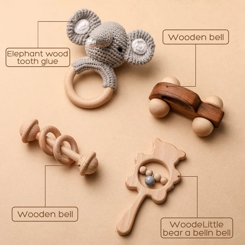 Let's Make 4pcs/set Wooden Rattle Sets Cartoon Animal Crochet Rattle Wood Car Block Soother Teether Set Montessori Toddler Toy