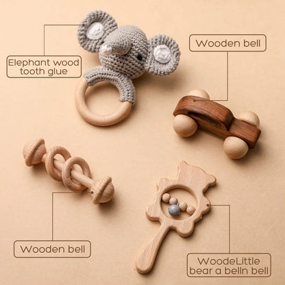 Let's Make 4pcs/set Wooden Rattle Sets Cartoon Animal Crochet Rattle Wood Car Block Soother Teether Set Montessori Toddler Toy