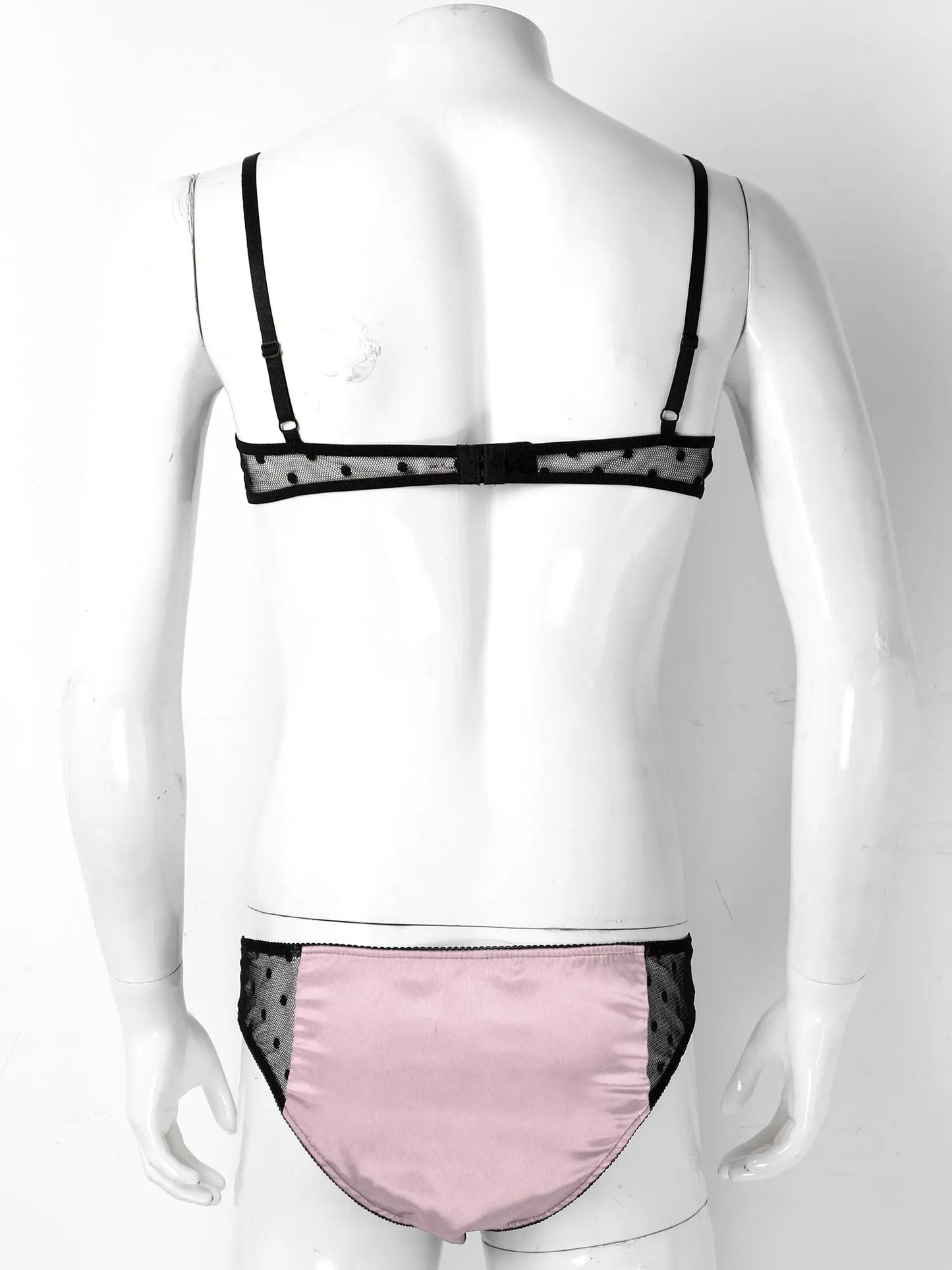 Men Satin Lingerie Suit Sissy Nightwear Sheer Mesh Patchwork Bra Tops with Briefs Thongs Exotic Sleepwear Gay Male Underwear
