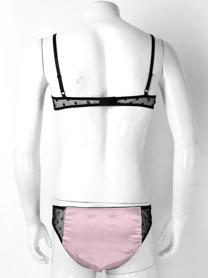 Men Satin Lingerie Suit Sissy Nightwear Sheer Mesh Patchwork Bra Tops with Briefs Thongs Exotic Sleepwear Gay Male Underwear