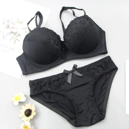 2024 New Sexy Push Up Bra Sets Lace Middle Mold Cup 2 Piece Thongs Underwear Solid Bow BCDE Female Plus Size Lingerie