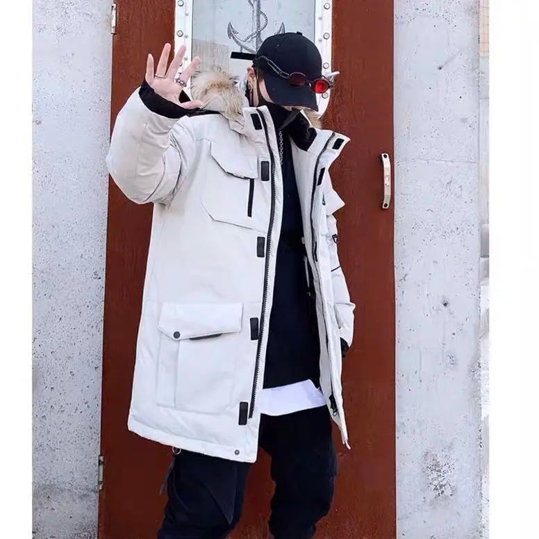 Men's White Duck Down Jacket Cargo Warm Hooded Thick Puffer Coats Couple High Quality Overcoat Thermal Winter Parka Streetwear