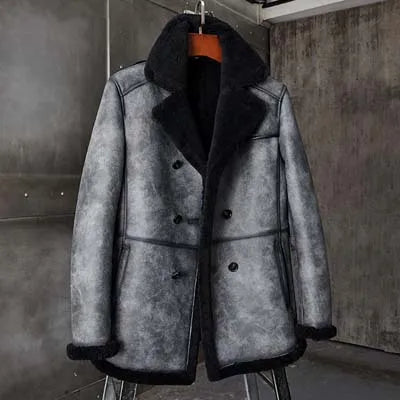 Denny&Dora Men's B3 Shearling Jacket Long Winter Leather Coat Gray Warm Casual Outerwear for Men