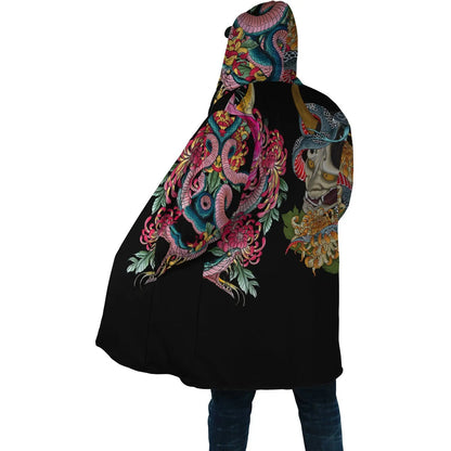 Drop shipping Winter Mens Cloak Samurai Oni Mask Tattoo 3D Printing Fleece Hooded cloak Unisex Casual Thick Warm Cape coat PF31