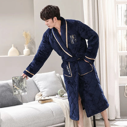 Winter Bath Robe Coral Fleece Men Bathroom Robe Men Bathrobe Men Flannel Quilted Pajama Thick Long Spa Robe Shower Homewear