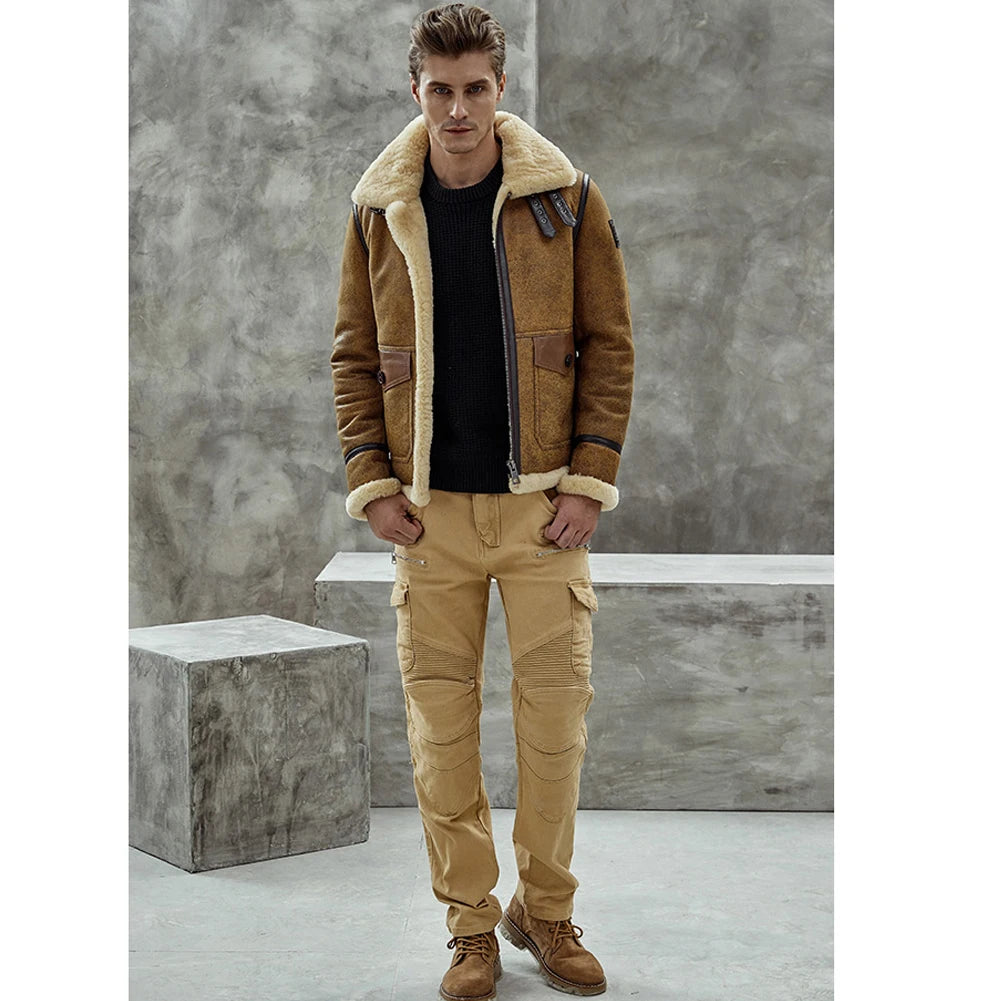Denny&Dora Men's Vintage Brown Sheepskin Leather Jacket B3 Bomber Pilots Coat Fur Collar Flying Jacket
