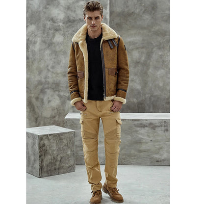 Denny&Dora Men's Vintage Brown Sheepskin Leather Jacket B3 Bomber Pilots Coat Fur Collar Flying Jacket