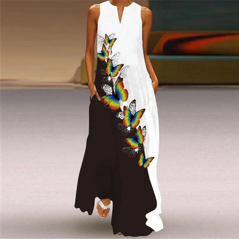 Sexy V-neck Sleeveless Dress For Women Summer Fashion Sundress Retro Print Long Dresses With Pocket Maxi Dress Femme Vestidos