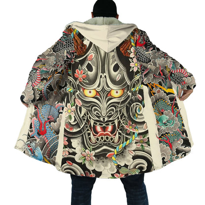 Drop shipping Winter Mens Cloak Samurai Oni Mask Tattoo 3D Printing Fleece Hooded cloak Unisex Casual Thick Warm Cape coat PF31