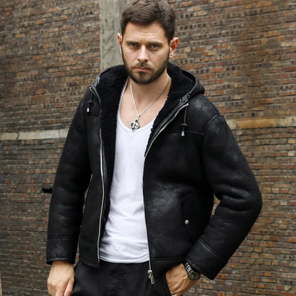 Denny&Dora Men's Shearling Jacket Black B3 Jacket Genuine Leather Sheepskin Hooded Winter Coat