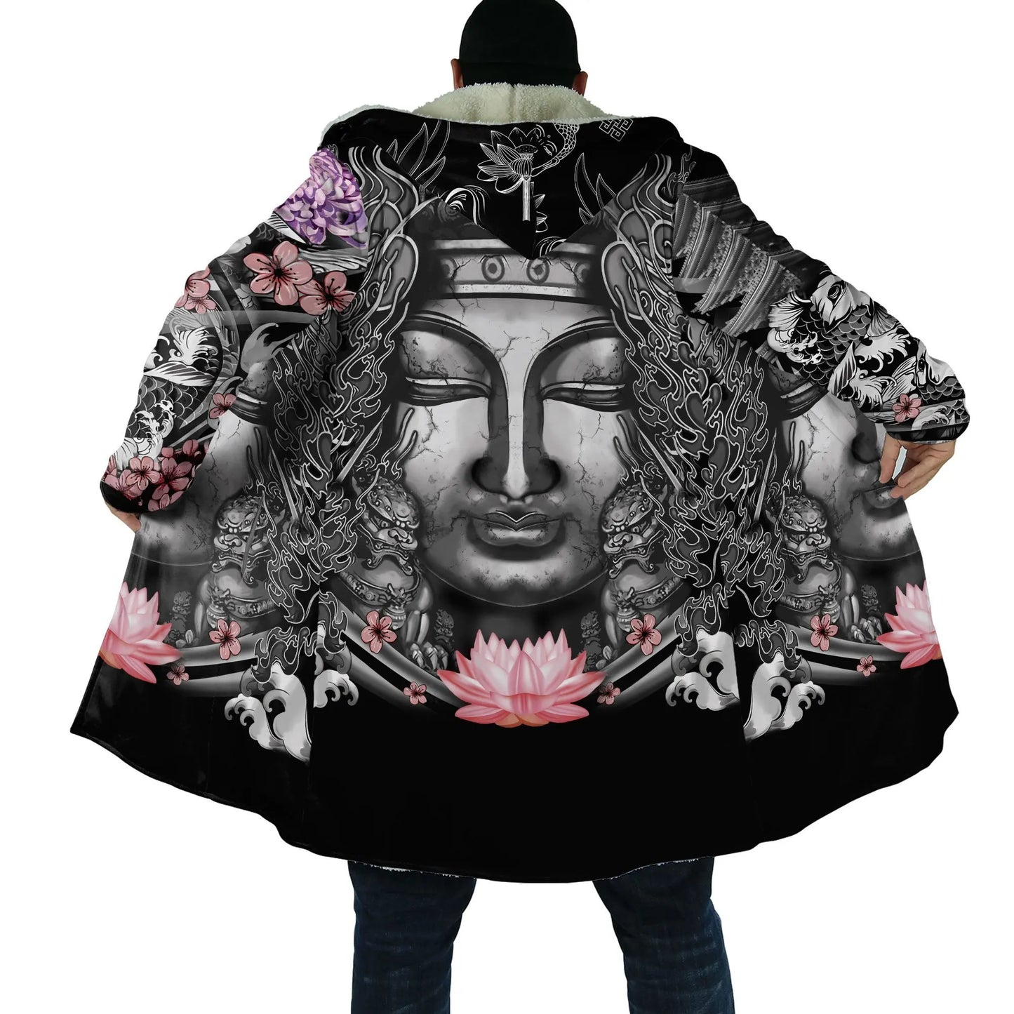 Drop shipping Winter Mens Cloak Samurai Oni Mask Tattoo 3D Printing Fleece Hooded cloak Unisex Casual Thick Warm Cape coat PF31