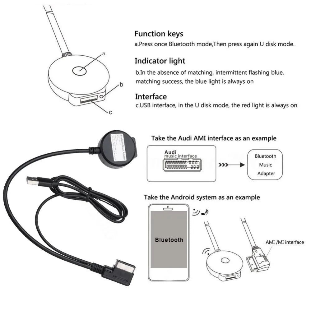 Car Bluetooth AUX Receiver USB Cable Adapter for VW Audi 2G 3G MMI Systems A4 A5 A6 Q5 Q7 Audio Media Input AMI MDI Interface