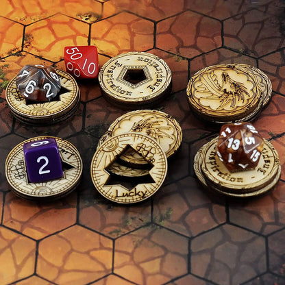 D&D Inspiration Coin Tokens Laser Cut Wood Carved with Dragon & Ship Rudder (Set of 9) Board Games for Adults