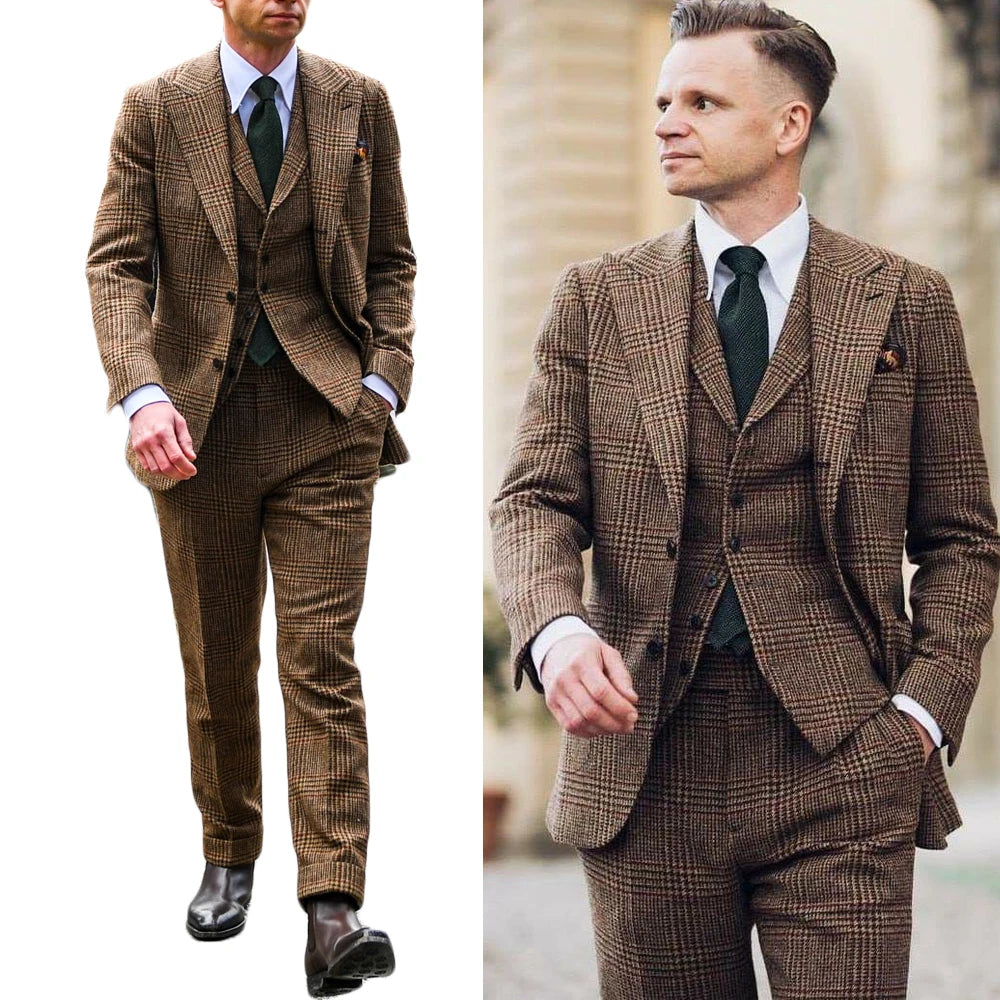 Costume Homme 3 Pieces Plaid British Style Men Suits Tailor-Made Gray Fashion Groom Tuxedos Wedding Coat Fashion Causal Prom
