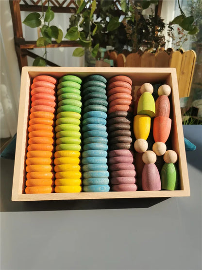 Kids Wooden Toys Beech Rainbow Coins and Rings Stacking Blocks with Peg Dolls Loose Parts