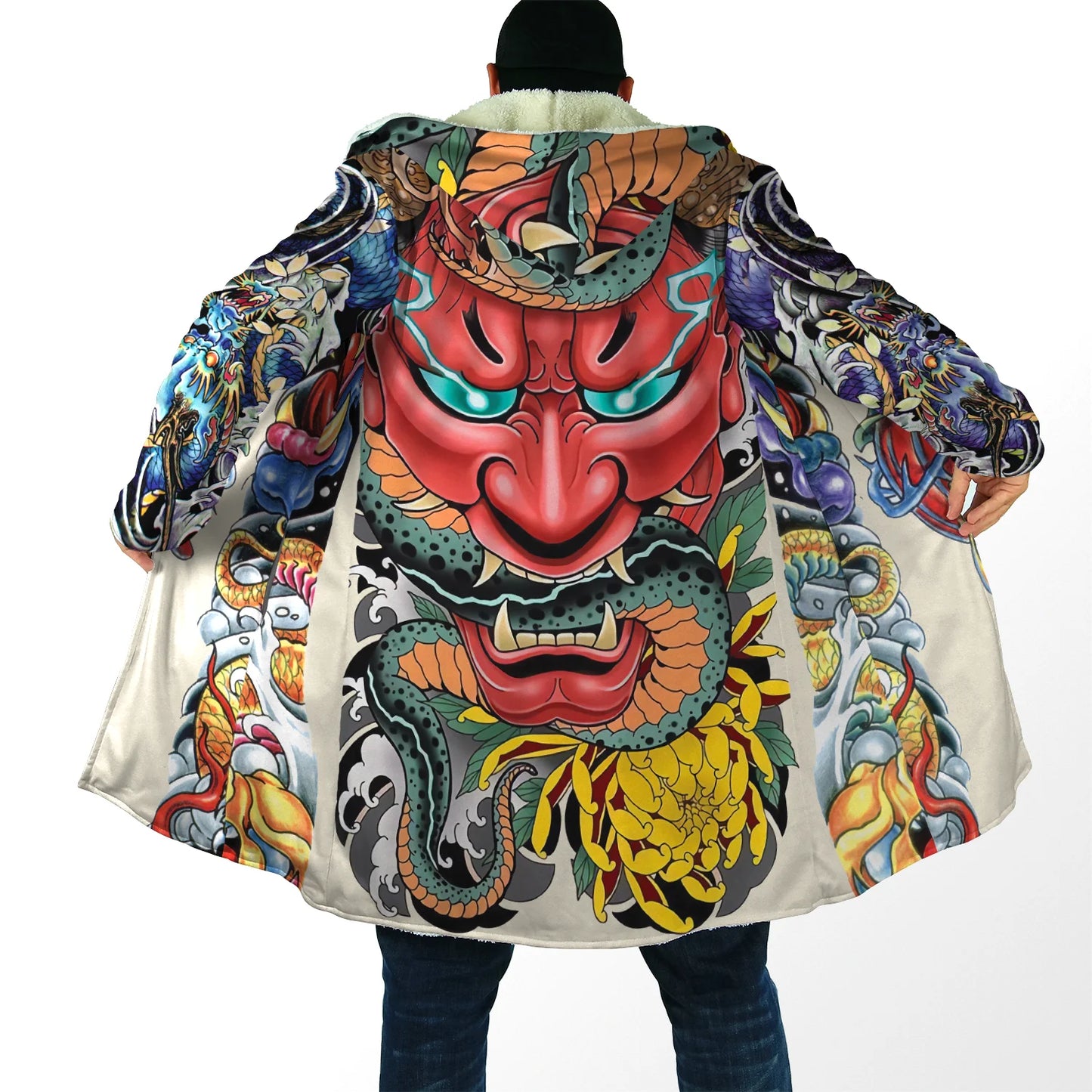 Drop shipping Winter Mens Cloak Samurai Oni Mask Tattoo 3D Printing Fleece Hooded cloak Unisex Casual Thick Warm Cape coat PF31