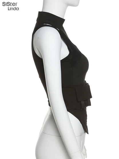 Sisterlinda Spring Mesh Patchwork Sexy Cool Moto Y2K Tank Top Women Skinny Belt Zip Multi-Layer Sporty Locomotive Trend Vest2022