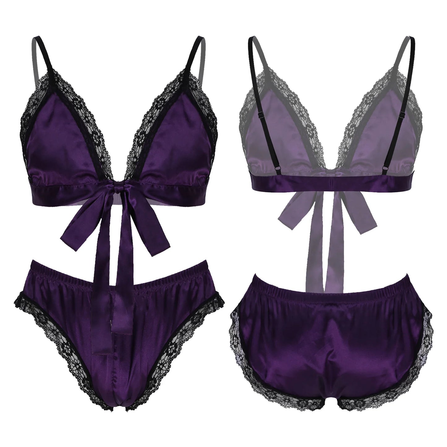 Men Satin Lingerie Suit Sissy Nightwear Sheer Mesh Patchwork Bra Tops with Briefs Thongs Exotic Sleepwear Gay Male Underwear