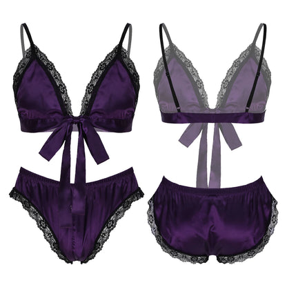 Men Satin Lingerie Suit Sissy Nightwear Sheer Mesh Patchwork Bra Tops with Briefs Thongs Exotic Sleepwear Gay Male Underwear