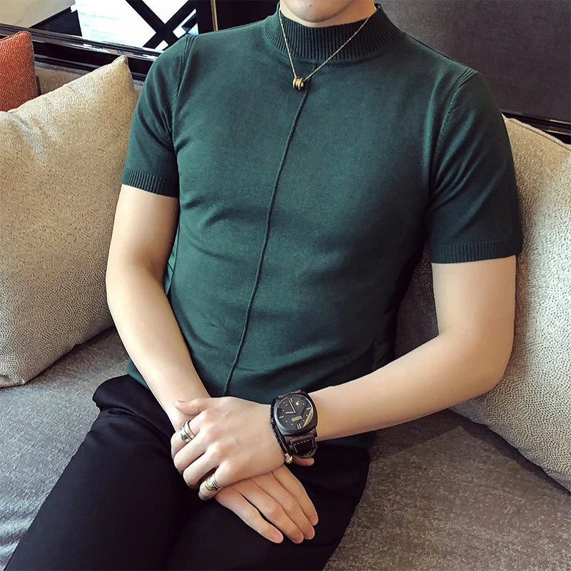 7 Colors Half High Collar Men T-shirt New 2026 Summer Short Sleeve  Solid Color Sweater Pullover T Shirt Slim Knitted Tees Top