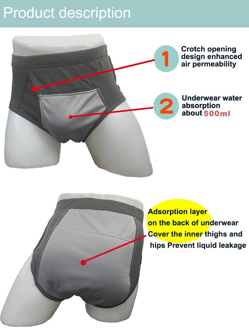 Men's Washable Incontinence Shorts Open Underwear Adults Patient Reusable Breathable Pant Diapers for Adults Prostate 500ml