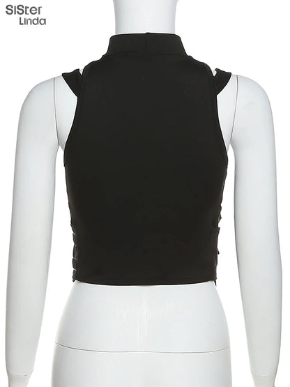 Sisterlinda Spring Mesh Patchwork Sexy Cool Moto Y2K Tank Top Women Skinny Belt Zip Multi-Layer Sporty Locomotive Trend Vest2022